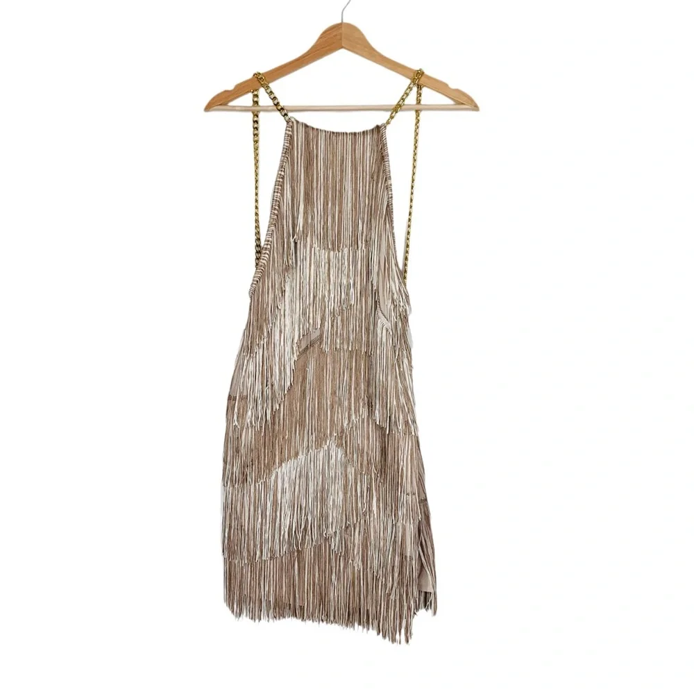 ASOS DESIGN Layered Fringe Tassel Mini Dress Chain Strap Showgirl Vibes Size 12 - Picture 3 of 15